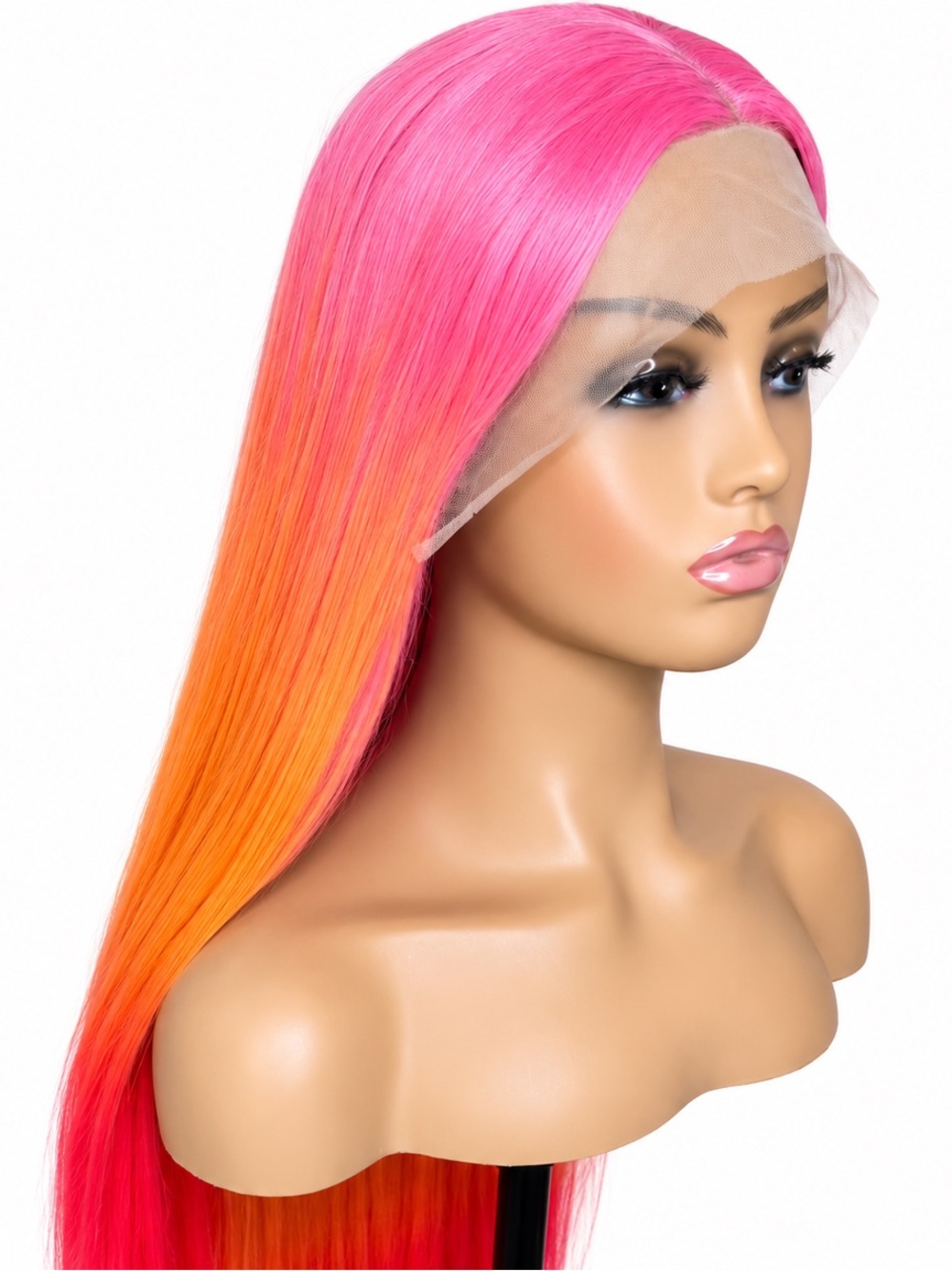 Pastel rainbow Sleek Ombre Pink-Orange-Red Straight Lace Frontal Wig 28 inches l - Picture 7 of 7